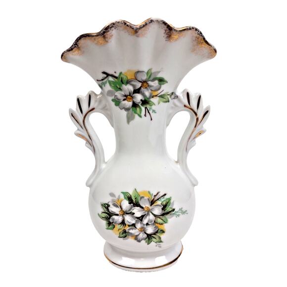 Vintage Ucagco Ceramics Japan Vase Gilt Handles 8.5" Hand Painted Scalloped Edge - Picture 1 of 10